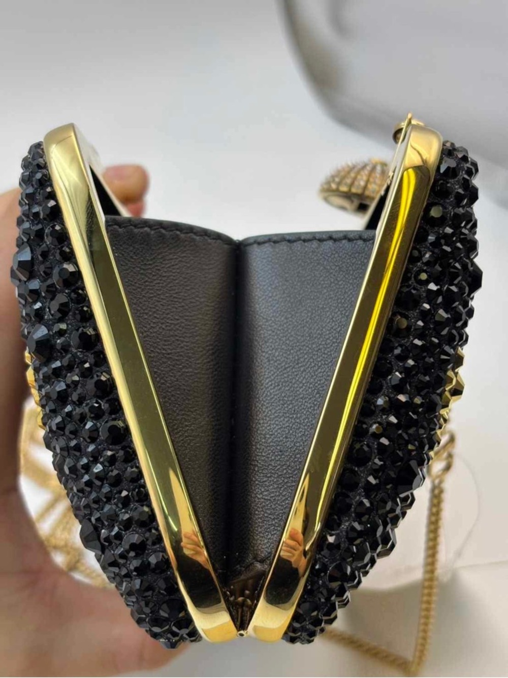 Valentino Black and Gold Crystal Heart Evening Clutch with Chain - Picture 13 of 16